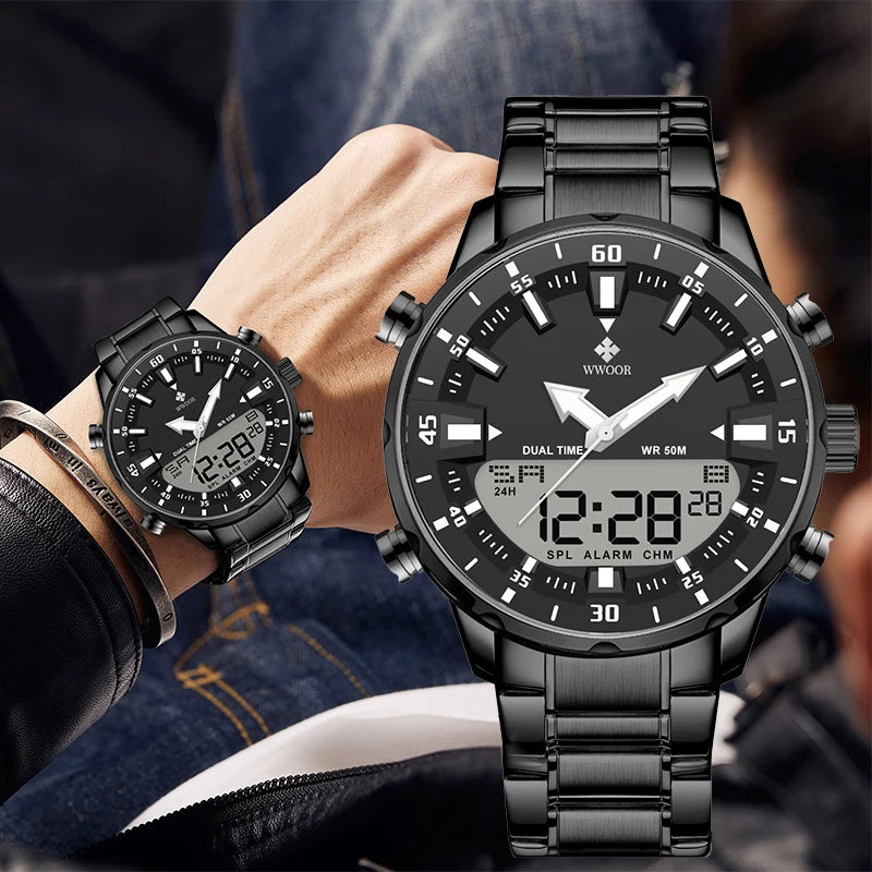 WWOOR Luxury Men's Watches Digital Sport Waterproof Steel Military Quartz Watch For Men Fashion Luminous Male Clock Reloj Hombre