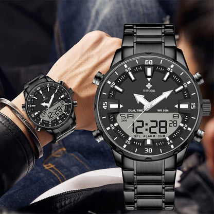 WWOOR Luxury Men's Watches Digital Sport Waterproof Steel Military Quartz Watch For Men Fashion Luminous Male Clock Reloj Hombre