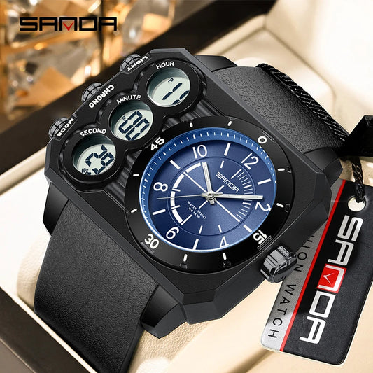 SANDA Fashion Men's Dual Display Electronic Watch Sports Multifunctional Waterproof Night Light LED Men's Electronic Watch 6237