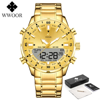 WWOOR Luxury Men's Watches Digital Sport Waterproof Steel Military Quartz Watch For Men Fashion Luminous Male Clock Reloj Hombre