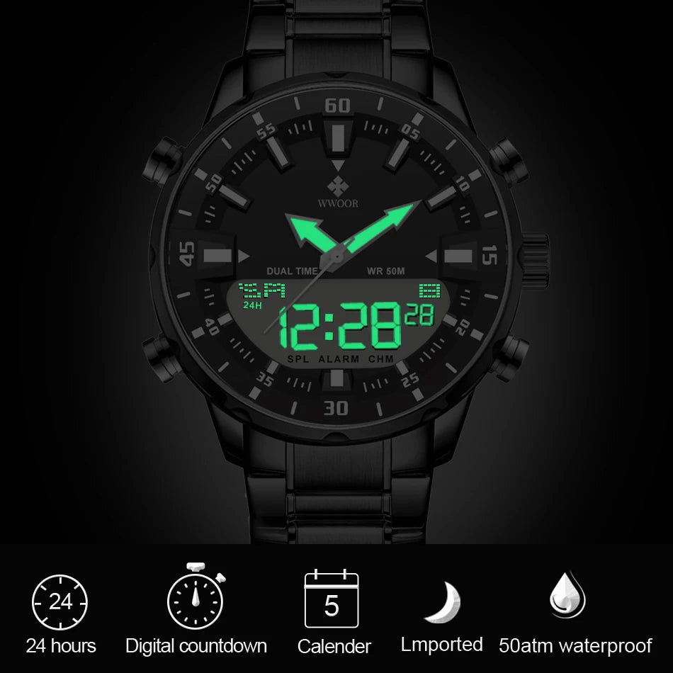 WWOOR Luxury Men's Watches Digital Sport Waterproof Steel Military Quartz Watch For Men Fashion Luminous Male Clock Reloj Hombre