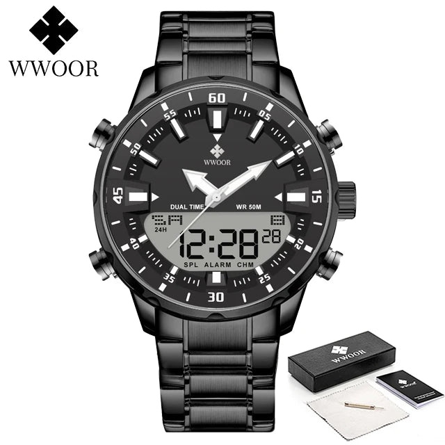 WWOOR Luxury Men's Watches Digital Sport Waterproof Steel Military Quartz Watch For Men Fashion Luminous Male Clock Reloj Hombre