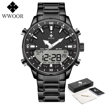 WWOOR Luxury Men's Watches Digital Sport Waterproof Steel Military Quartz Watch For Men Fashion Luminous Male Clock Reloj Hombre