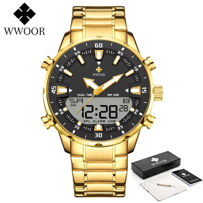 WWOOR Luxury Men's Watches Digital Sport Waterproof Steel Military Quartz Watch For Men Fashion Luminous Male Clock Reloj Hombre