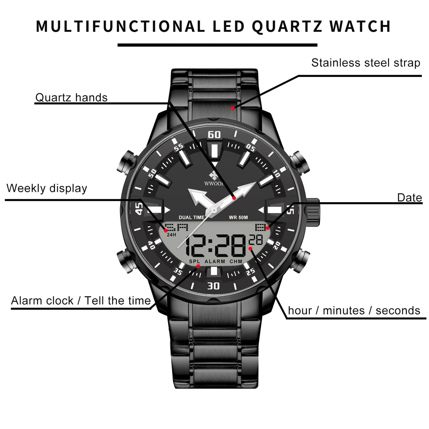 WWOOR Luxury Men's Watches Digital Sport Waterproof Steel Military Quartz Watch For Men Fashion Luminous Male Clock Reloj Hombre